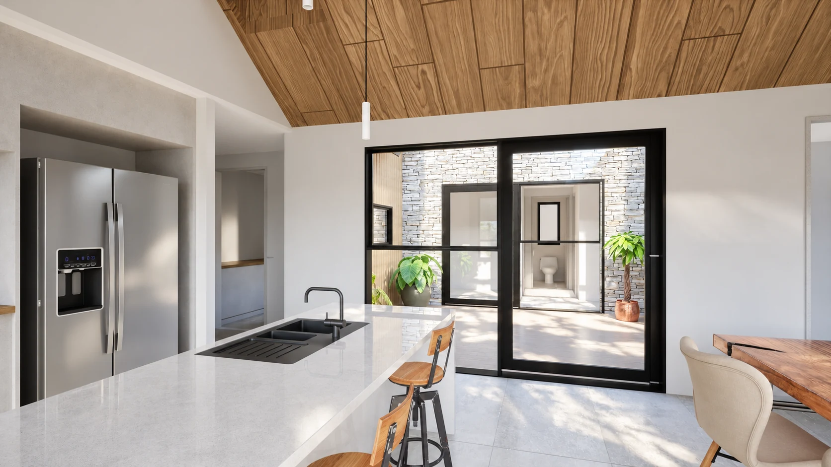 Kitchen and courtyard — architectural visualisation