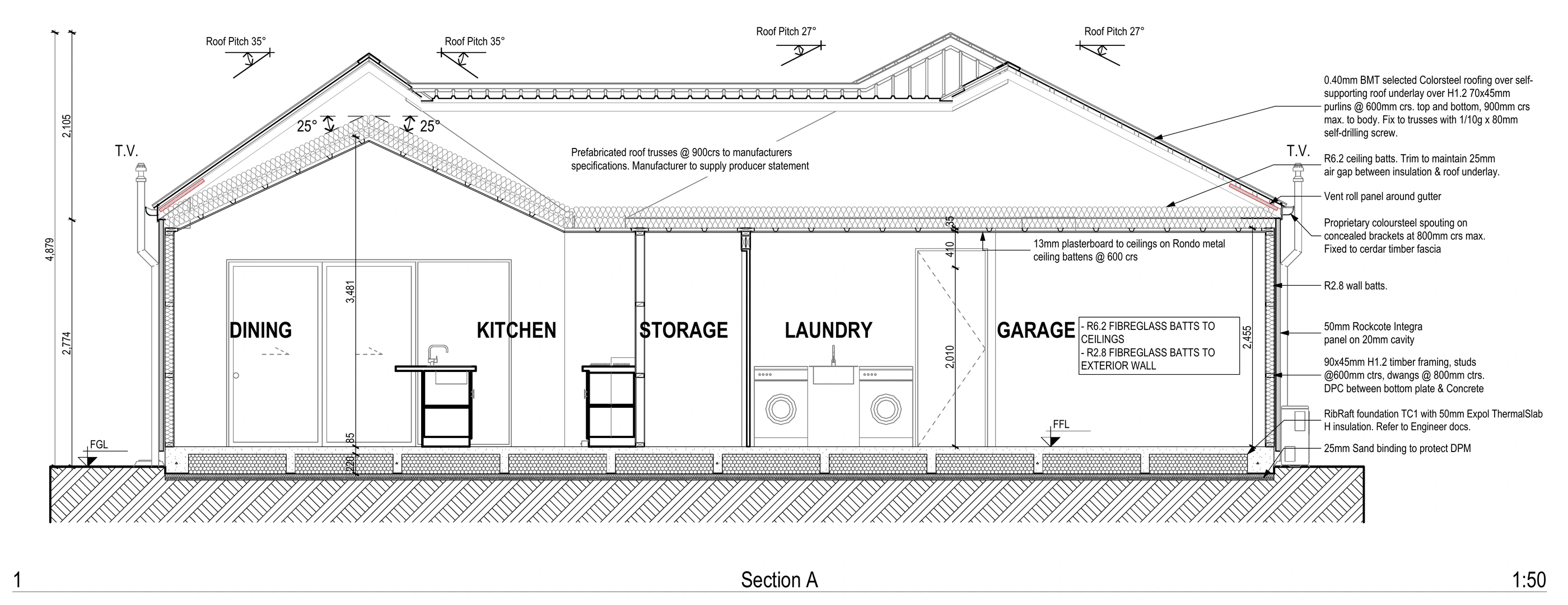 Consent drawing sample: cross section through dining, kitchen, storage, laundry and garage. Drawing documentation by Joseph; source copyright Solid ify Design Studio. Display permission confirmed by Joseph. Presentation sample; not evidence of completed construction or an approval claim.