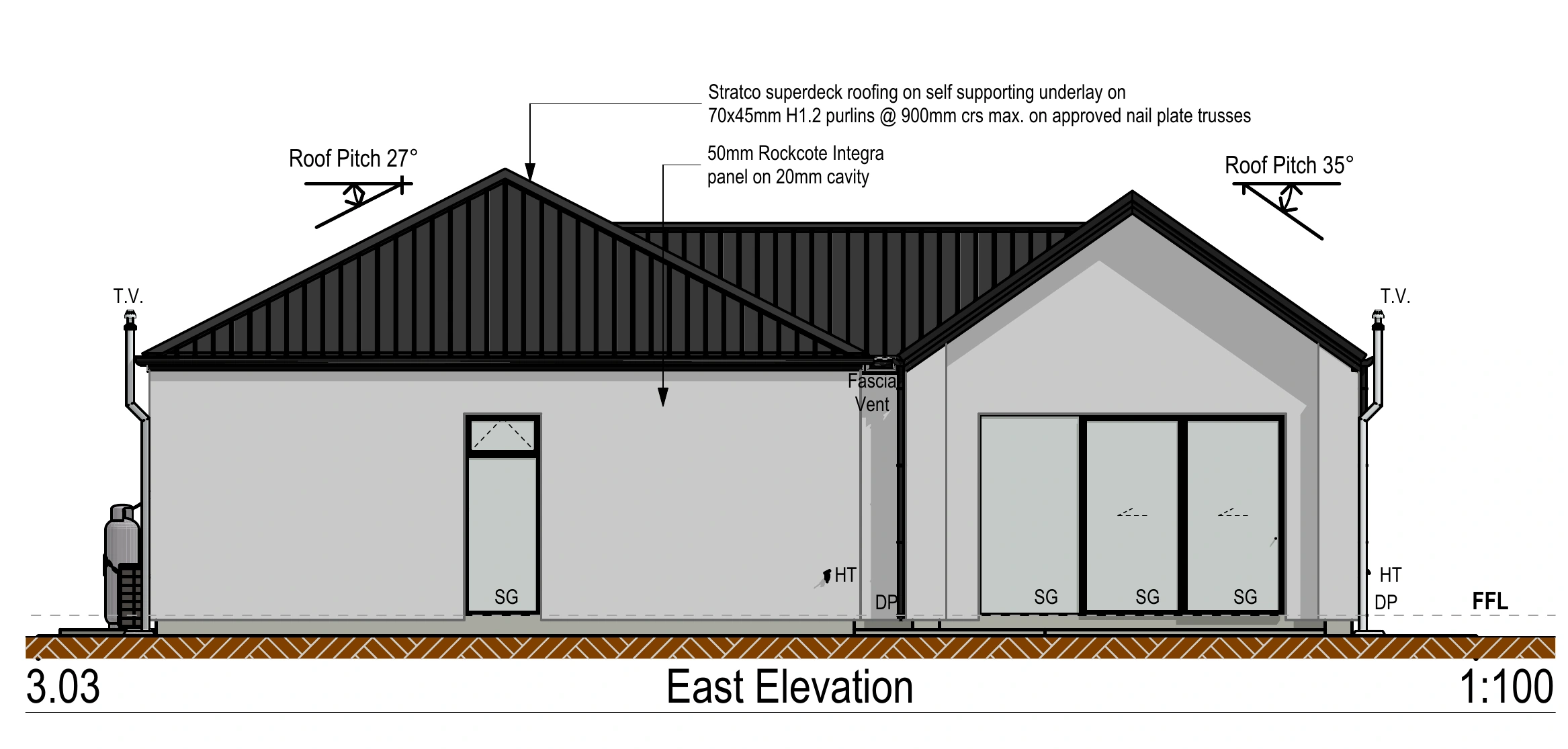 Consent drawing sample: east elevation. Drawing documentation by Joseph; source copyright Solid ify Design Studio. Display permission confirmed by Joseph. Presentation sample; not evidence of completed construction or an approval claim.