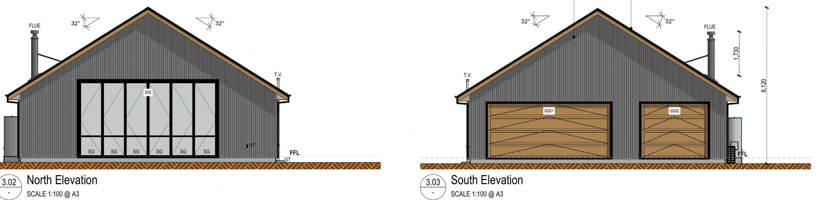 Consent drawing sample: north and south gable elevation excerpts. Drawing documentation by Joseph / ArchiXYZ. Presentation sample; not evidence of completed construction or an approval claim.