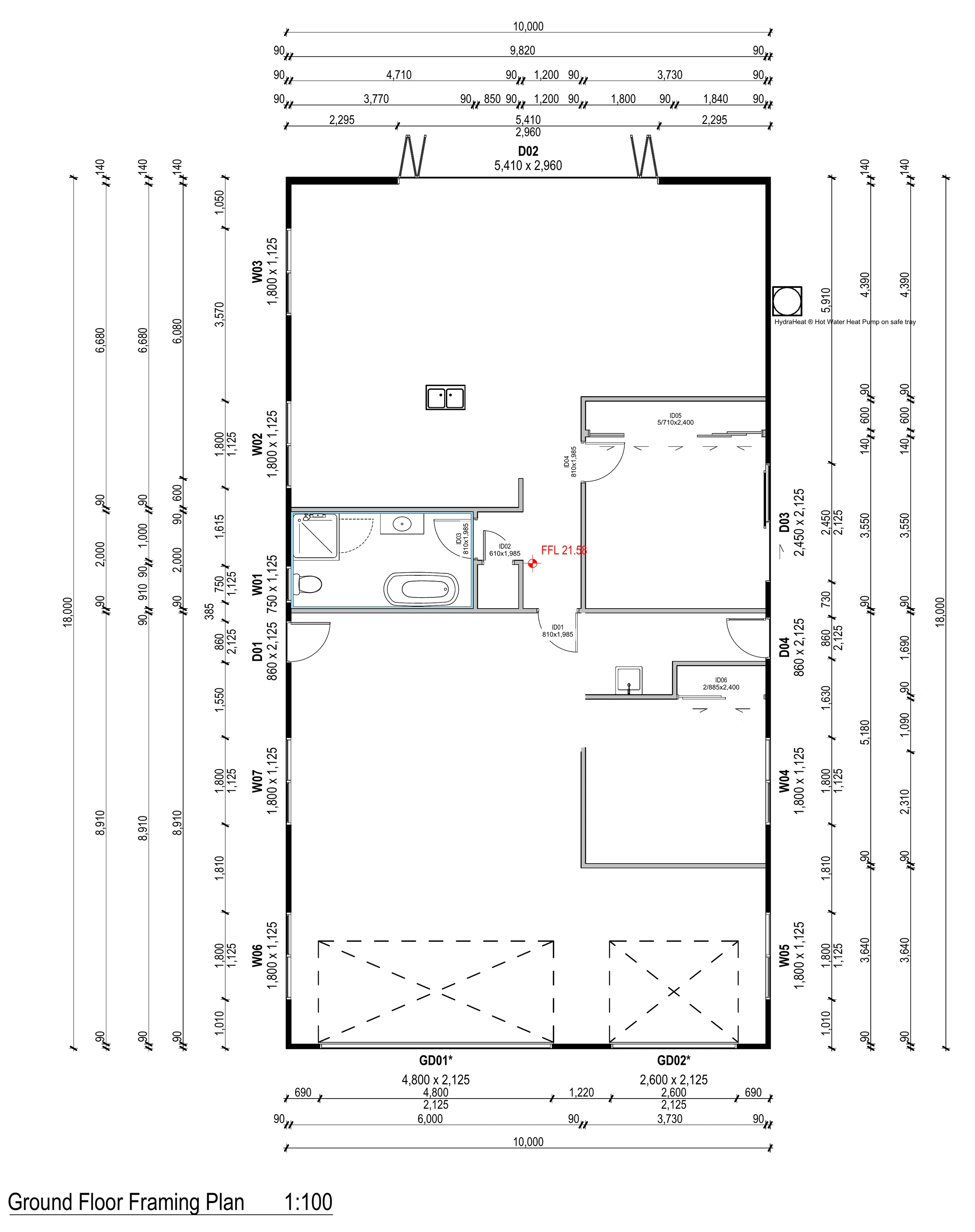 Consent drawing sample: ground-floor framing and dimension plan for a secondary dwelling with garage and workshop. Drawing documentation by Joseph / ArchiXYZ. Presentation sample; not evidence of completed construction or an approval claim.