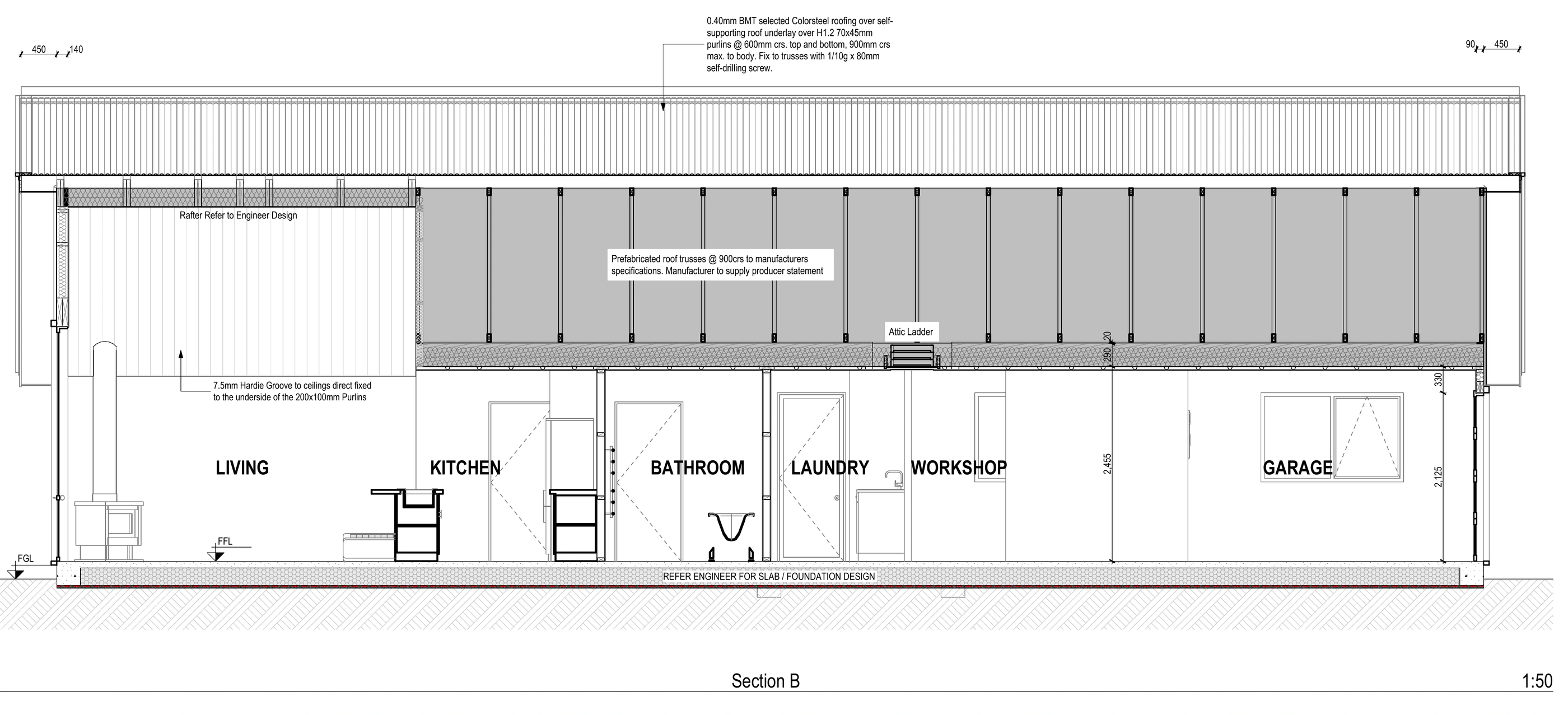 Consent drawing sample: longitudinal section through living spaces, workshop and garage. Drawing documentation by Joseph / ArchiXYZ. Presentation sample; not evidence of completed construction or an approval claim.